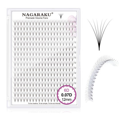 Picture of NAGARAKU Premade Fans Eyelash Extensions 320 Fans 6D Volume 0.07mm D curl 12mm Sharp Narrow Stem Clusters Thin Pointy Base Russian Pre Fanned Fluffy Matte Black