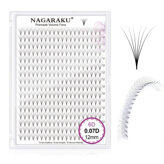 Picture of NAGARAKU Premade Fans Eyelash Extensions 320 Fans 6D Volume 0.07mm D curl 12mm Sharp Narrow Stem Clusters Thin Pointy Base Russian Pre Fanned Fluffy Matte Black