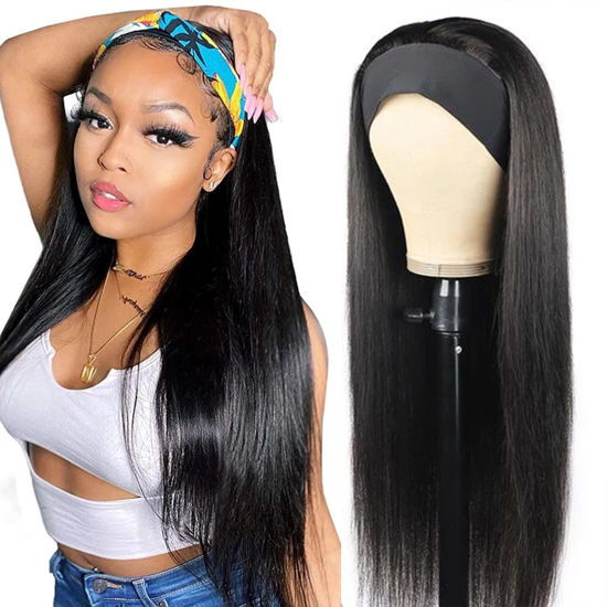 Picture of ISEE 10A Headband Wig Straight Human Hair Wigs for Black Women 180% Density Brazilian Virgin Hair Machine Made Headband Wig Non Lace Front Human Hair Wigs 26 inch