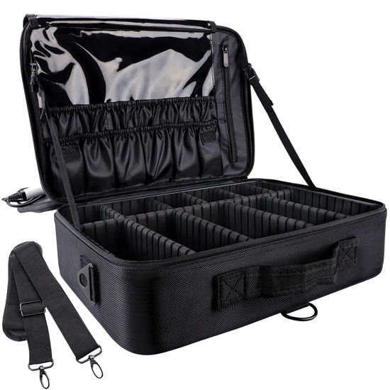 Picture of gzcz Large Capacity Travel Makeup Train Case 16.5 Inches Professional Makeup Cosmetic Case Portable Artist Cosmetics Brushs Organizer Storage Bag With Adjustable Dividers And Shoulder Strap (Black)