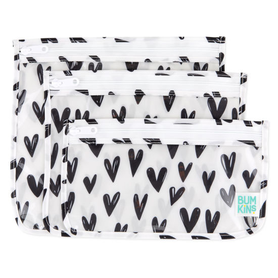Picture of Bumkins Travel Bag, Toiletry, TSA Approved Pouch, Zip Bag, Quart Size Airline Compliant, Clear-Sided, Baby, Diaper Bag Organization, Makeup, Accessories, Packing, Set of 3 Sizes, Black Hearts