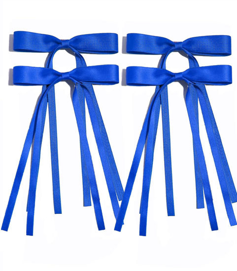 Picture of Ayesha Blue Hair Bows Clips Royal Blue Bow Hair Ribbon Bowknot with Long Tail Blue Bows Barrettes Hair Accessories for Women Girls 4PCS