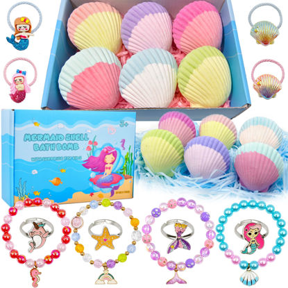 Picture of Mermaid Bath Bombs for Kids Girls with Surprise Inside, 6 Pcs Natural Fizzy Princess Fun Shell Bubble Bath Bomb Kit with Jewelry Toys, Christmas Easter Basket Stuffer Valentines Day Birthday Gift Set