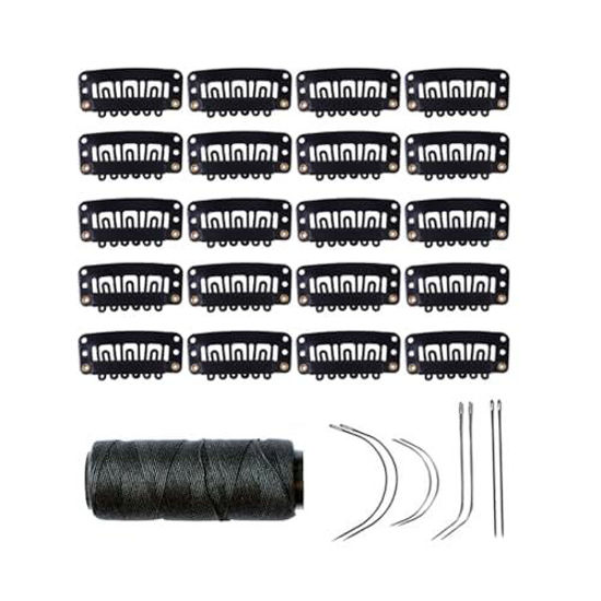 Picture of YANTAISIYU 20 Pieces 32mm Hairpieces Snap Clips U Shape Wig Clips for Hair Extensions Making Wig Accessories Set Tools (Black)