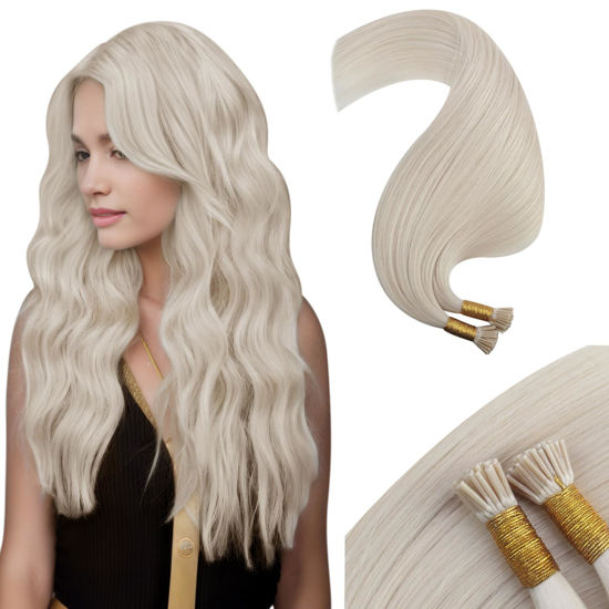 Picture of Moresoo Keratin Bond Hair Extensions I Tip Hair Extensions Blonde 24 Inch Straight I Tip Pre Bonded Hair Extensions 100% Remy Hair Colored #60A Platinum Blonde 40g/50s