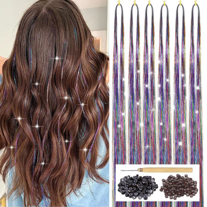 Picture of Hair Tinsel Kit with Tool 6pcs 1200 Strands Glitter Tinsel Hair Extensions Heat Resistant Sparkling Shiny Fairy Hair Accessories for Women Girls Kids (Colorful)