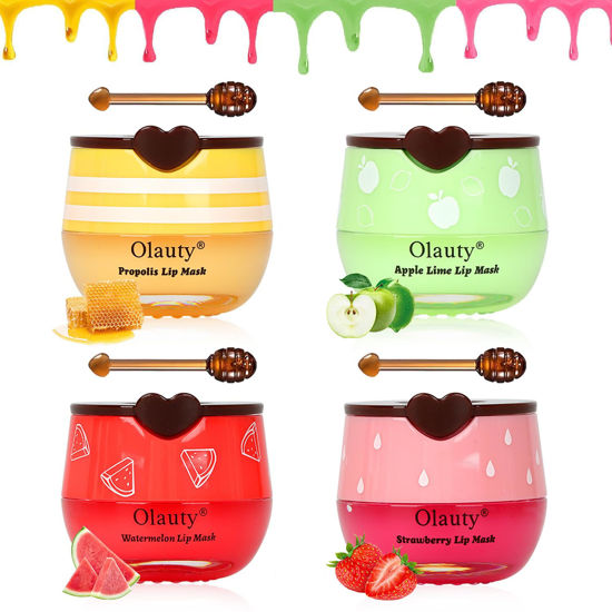 Picture of 4 PCS Bee Lip Balm Honey Pot,Strawberry&Honey&Watermelon&Apple Lime Lip Sleeping Mask,Hydrating Prevention Dry and Cracked Lip Scrubs Exfoliator Lip Care,Moisturizing Lip Mask Overnight