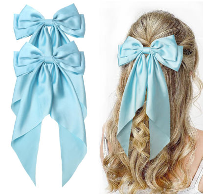 Picture of Furling Pompoms Oversized Hair Bows for Women,Large Satin Silky Hair Bow Clips Ribbon Long Tail French Barrette Hair Clamps Ponytail Hair Accessories Party Wedding (Sky Blue)