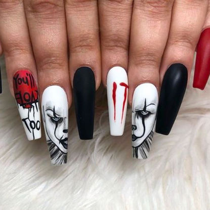 Picture of Halloween Press on Nails Long Coffin Fake Nails Matte Horror Themes Artificial False Nails with Joker and Red Balloon Designs Gel Nails Press ons Full Cover Acrylic Nails Set for Women Girls 24PCs