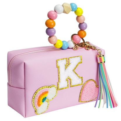 Picture of Initial Preppy Stuff Makeup Bag Girls, Personalized Portable Monogram Travel Cosmetic Bag, Cute Makeup Pouch PU Leather Toiletry Bag, Preppy Stuff Gift for Girls, Mom, Friends, Daughter, Niece (Large)