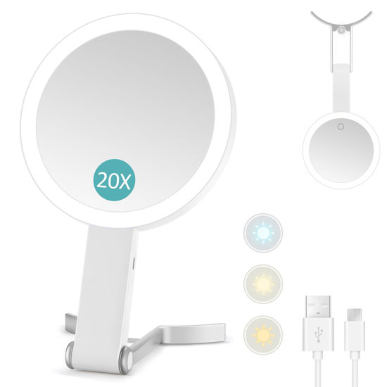 Picture of MIYADIVA Magnifying Mirror with Light,20X Magnifying Makeup Mirror with Handheld,Travel Mirror with Lights and Magnification,3 Colors Desktop Mirror and Wall Mirror,Vanity Mirror with Lights 6 Inches
