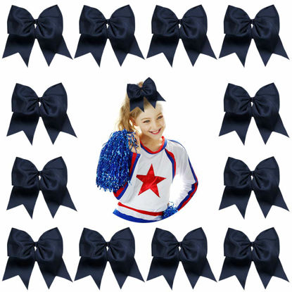 Picture of DEEKA 12PCS 8" Large Cheer Hair Bows Ponytail Holder Handmade for Teen Girls Softball Cheerleader Sports-Navy Blue