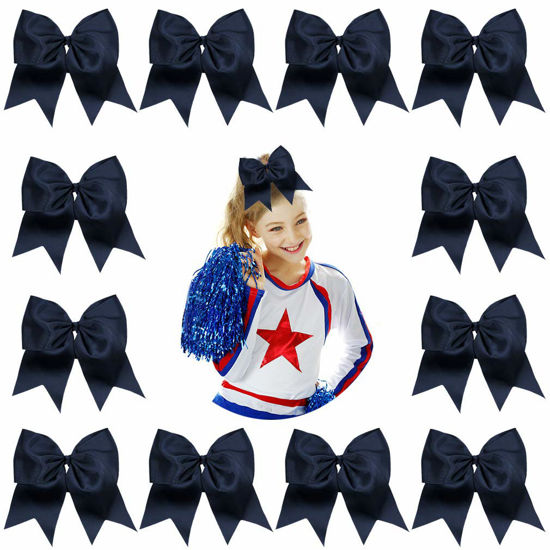 Picture of DEEKA 12PCS 8" Large Cheer Hair Bows Ponytail Holder Handmade for Teen Girls Softball Cheerleader Sports-Navy Blue