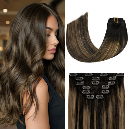 Picture of Aison Clip in Hair Extensions Real Human Hair 70G Natural Black to Chestnut Brown 100% Remy Human Hair Soft Silky Straight 7pcs 16clips One Pack 18 Inch