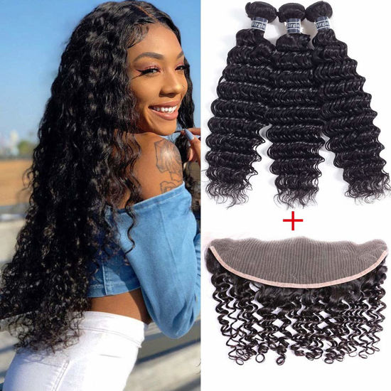 Picture of Amella Hair Deep Wave 3 Bundles with Frontal Ear to Ear Lace Frontal Closure with Bundles Brazilian Virgin Hair with Closure Human Hair Extensions (14 16 18+12inch)