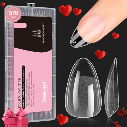 Picture of Beetles Gel Nail Tips Short Almond Etch-X Nail Tips,12 Sizes 576Pcs Pre Shaped Soft Nail Tips Half Matte False Nails for Valentine Gel Nail Polish Full Cover Press On Nail Nail Extensions Set