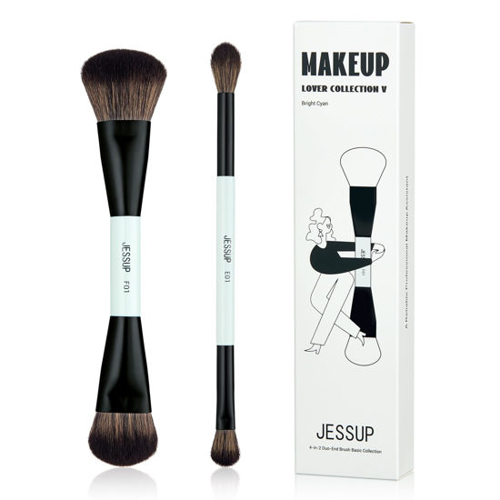 Picture of Jessup Makeup Brushes 2pcs Double Sided Foundation Brush Contour Brush Dual Ended Eye Blending Brush, Multi-functional Cosmetic Brush Bright Cyan T502