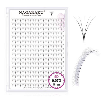 Picture of NAGARAKU Premade Fans Eyelash Extensions 320 Fans 5D Volume 0.07mm D curl 9mm Sharp Narrow Stem Clusters Thin Pointy Base Russian Pre Fanned Fluffy Matte Black