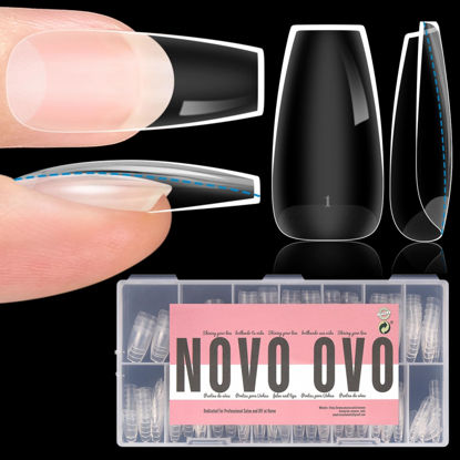 Picture of NOVO OVO Extra Thick Coffin Nail Tips Press on Natural Curve, Medium Soak Off Soft Gel Fake Nail Extension, Full Cover Matte Cuticle False Nails for Acrylic French, Salon DIY x 14 Sizes 336 pcs