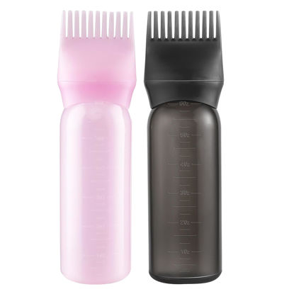 Picture of Pairswind 200ml Black & Pink Reusable Plastic Hair Oiling & Dye Application Bottle with Mist Spray & Continuous Spray, 3.2" x 6.1" Rectangular Bottle, 2-Pack with Scalp Massage Comb