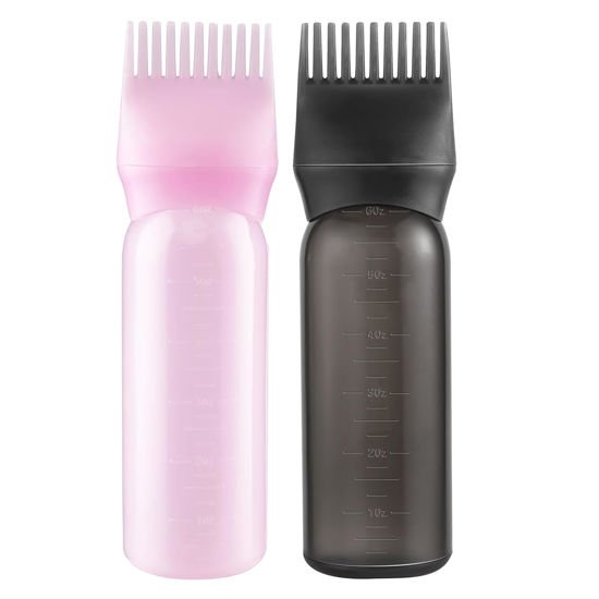 Picture of Pairswind 200ml Black & Pink Reusable Plastic Hair Oiling & Dye Application Bottle with Mist Spray & Continuous Spray, 3.2" x 6.1" Rectangular Bottle, 2-Pack with Scalp Massage Comb