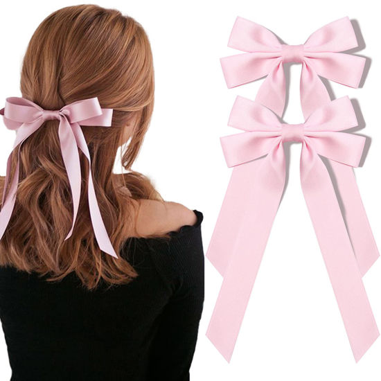 Picture of Silky Satin Hair Bows and Ribbons: 2PCS Pink Alligator Clips for Ponytail Holders, Hair Accessories for Women, Girls, Toddlers, and Teens