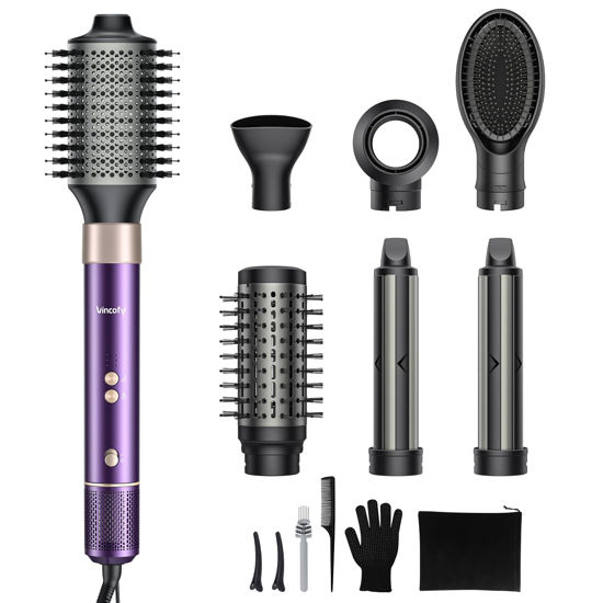 Picture of Vincofy 7 in 1 Blow Dryer Brush and Hair Dryer, Hot Hair Styler with Negative Ion 110,000 RPM Hair Straightener Brush for Fast Drying Straightening Curling Voluming, Suitable for All Hair Types,Purple