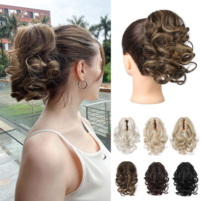 Picture of REECHO Ponytail Extension, 9" Claw Clip in Short Curly Wavy Pony Hair Extension Jaw Clip on Pony Tail HP001 Hairpiece for Women - Chocolate Brown with Highlights