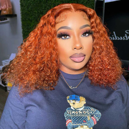 Picture of omswet Ginger Deep Wave BOB Wig Human Hair 5x5 HD Lace Closure Wigs for Black Women Ready To Wear Wigs Glueless Human Hair Wig Pre Plucked Bleached Knots Curly BOB Wig Human Hair 14 Inch 180 Density