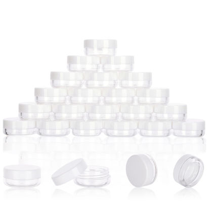 Picture of 3 Gram Sample Containers with Lids, 25 Count Tiny Sample Jars, Empty Lip Balm Containers, Mini Cosmetic Containers with Lids, Makeup Travel Containers with Labels, Mini Disposable Spatulas