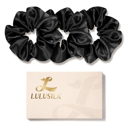 Picture of LULUSILK Silk Scrunchies for Hair Sleep, 100% Real Mulberry Silk, No Damage Silk Hair Ties for Women and Girls, Classic Black, Pack of 3