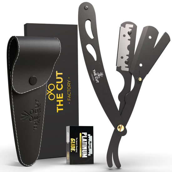 Picture of The Cut- Factory- Straight Razor with Pack Of Platinum Treet Single Blade Razors for Men- Professional Barber Straight Edge Razor for Close Shaving 100 Percent Stainless Steel-Black