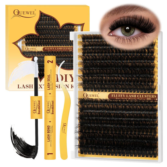 Picture of QUEWEL DIY-Lash-Extension-Kit, 320Pcs 80D+100D Fluffy-Lash-Clusters 12-18mm Volume-Lash-Clusters-Kit with Lash Bond and Seal and Lash Tweezers Easy DIY at Home(80+100D Fluffy Kit)