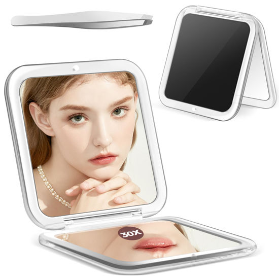 Picture of MIYADIVA Compact Mirror, 30X Magnifying Mirror, Pocket Mirror for Purse, Travel Makeup Mirror with 30X/1X Magnification, Travel Essentials Mirror, Precision Tweezers, Present for Girls