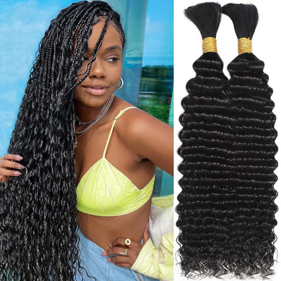 Picture of Human Braiding Hair for Boho Braids 110g 20 Inch Deep Water Wave Bulk Human Hair for Braiding No Weft 12A Wet and Wavy Curly Human Hair Extensions 2 Bundles/Pack Natural Color