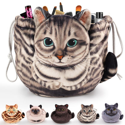 Picture of Openhahaha Drawstring Makeup Bag, Cat Makeup Bag, Travel Makeup Organizer, Cosmetic Pouch Bag, Cat Gift for Women, Lay Flat Makeup Bag Gifts for Cat Lovers