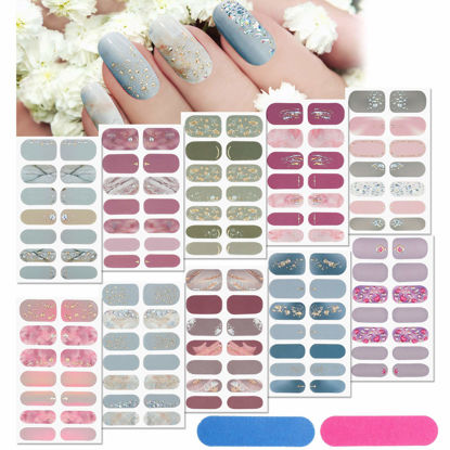 Picture of 140 Pcs 10 Sheets Full Wrap Nail Stickers Polish Strips Gradient Stickers Glitter Self Adhesive DIY Art Decals Strips with 2 Pcs Nail Files for Holiday Decor (Classic Style)