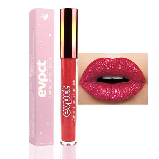 Picture of evpct 1Pcs Ruby Red Matte to Glitter Liquid Lipstick Lip Set Kit, Long Lasting Matte Diamond Glitter Lipstick Waterproof, Colorful Sparkly Glossy Metallic Shimmer Sparkle Lip Gloss for Women 03#
