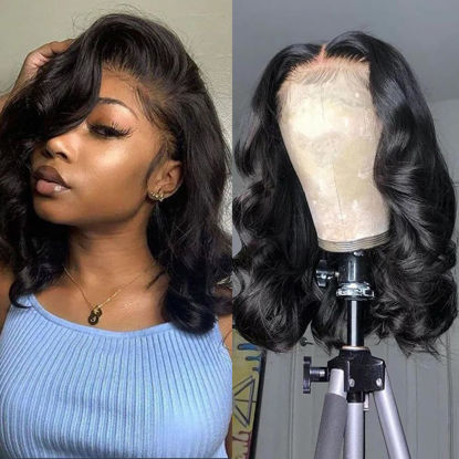 Picture of FASCARA Body Wave Bob Wig Human Hair 13x4 Transparent Lace Front Wig Pre Plucked 12 Inch Bob Human Hair Wig for Women 180% Density Natural Color