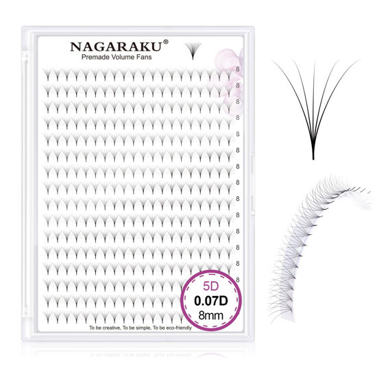 Picture of NAGARAKU Premade Fans Eyelash Extensions 320 Fans 5D Volume 0.07mm D curl 8mm Sharp Narrow Stem Clusters Thin Pointy Base Russian Pre Fanned Fluffy Matte Black