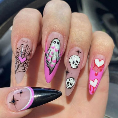Picture of French Tip Press on Nails Halloween Fake Nails Long Almond Acrylic Nail Black Pink Gel False Nails with Cobweb Ghost Skull Designs 24Pcs