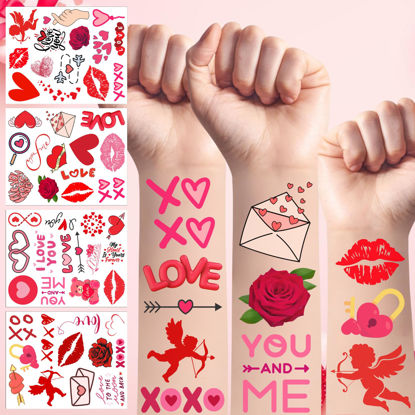 Picture of 50Pcs Love Temporary Tattoos For Couple Women Red Black Valentine Days Party Decorations Birthday Favors Supplies Flowers Rose Heart Lips Gift Idea Decorative Suitable For Kids Teens Youth Adult