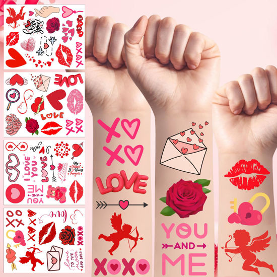 Picture of 50Pcs Love Temporary Tattoos For Couple Women Red Black Valentine Days Party Decorations Birthday Favors Supplies Flowers Rose Heart Lips Gift Idea Decorative Suitable For Kids Teens Youth Adult