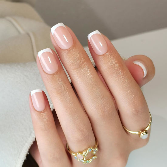 Picture of SHANGMENG White French Tip Press on Nails - Soft Gel Square Press on Nails Short for Women Gift, Fit Perfectly & Natural Stick on Nails with Glue in 16 Sizes - 32 Reusable Fake Nails, White French