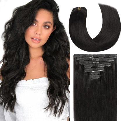 Picture of Lacer Black Hair Extensions Clip in Human Hair 140g 7 pcs Double Weft Straight Lace Clip in Hair Extensions in Natural Black #1B 22 Inch Full Head Set Clip Ins