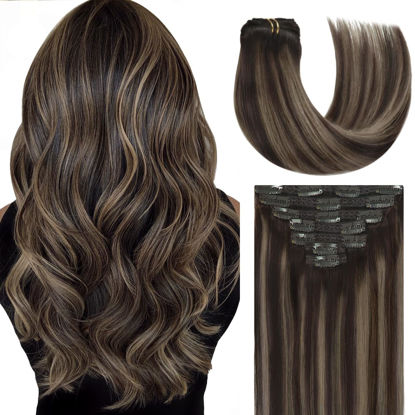 Picture of Lacer Hair 14 Inch Full Head Clip in Hair Extensions Human Hair Rooted Dark Brown to Chestnut Brown Highlight Dark Brown Remy Human Hair Extensions Clip ins 120g 7pcs R#2-2/6