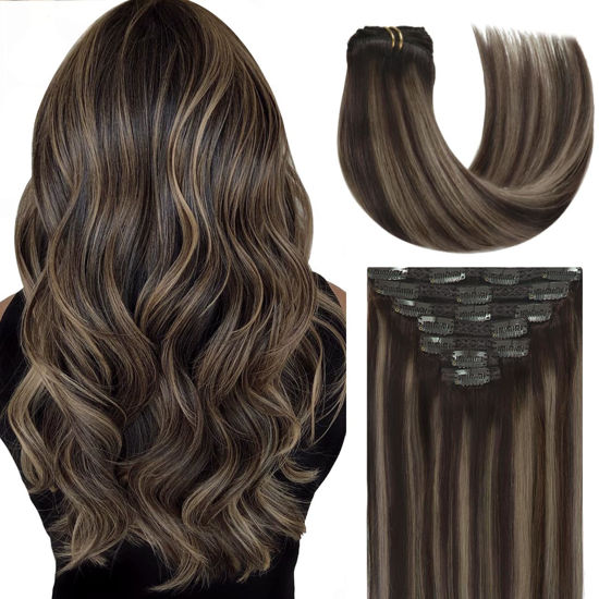 Picture of Lacer Hair 14 Inch Full Head Clip in Hair Extensions Human Hair Rooted Dark Brown to Chestnut Brown Highlight Dark Brown Remy Human Hair Extensions Clip ins 120g 7pcs R#2-2/6