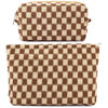 Picture of ZLFSRQ 2Pcs Checkered Makeup Bag for Women Large Cosmetic Bag Set Travel Toiletry Bag Makeup Pouch Bag for Purse Brown Zipper Storage Bag Organizer Cute Small Aesthetic Girls Car Essentials Bag