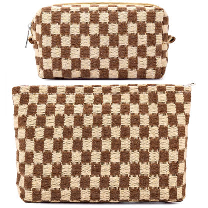 Picture of ZLFSRQ 2Pcs Checkered Makeup Bag for Women Large Cosmetic Bag Set Travel Toiletry Bag Makeup Pouch Bag for Purse Brown Zipper Storage Bag Organizer Cute Small Aesthetic Girls Car Essentials Bag