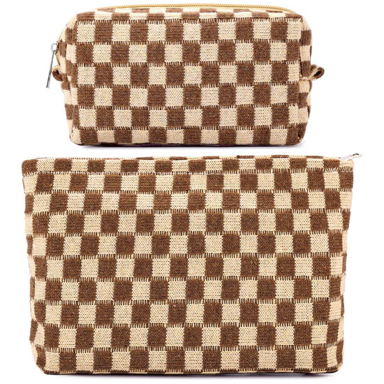 Picture of ZLFSRQ 2Pcs Checkered Makeup Bag for Women Large Cosmetic Bag Set Travel Toiletry Bag Makeup Pouch Bag for Purse Brown Zipper Storage Bag Organizer Cute Small Aesthetic Girls Car Essentials Bag